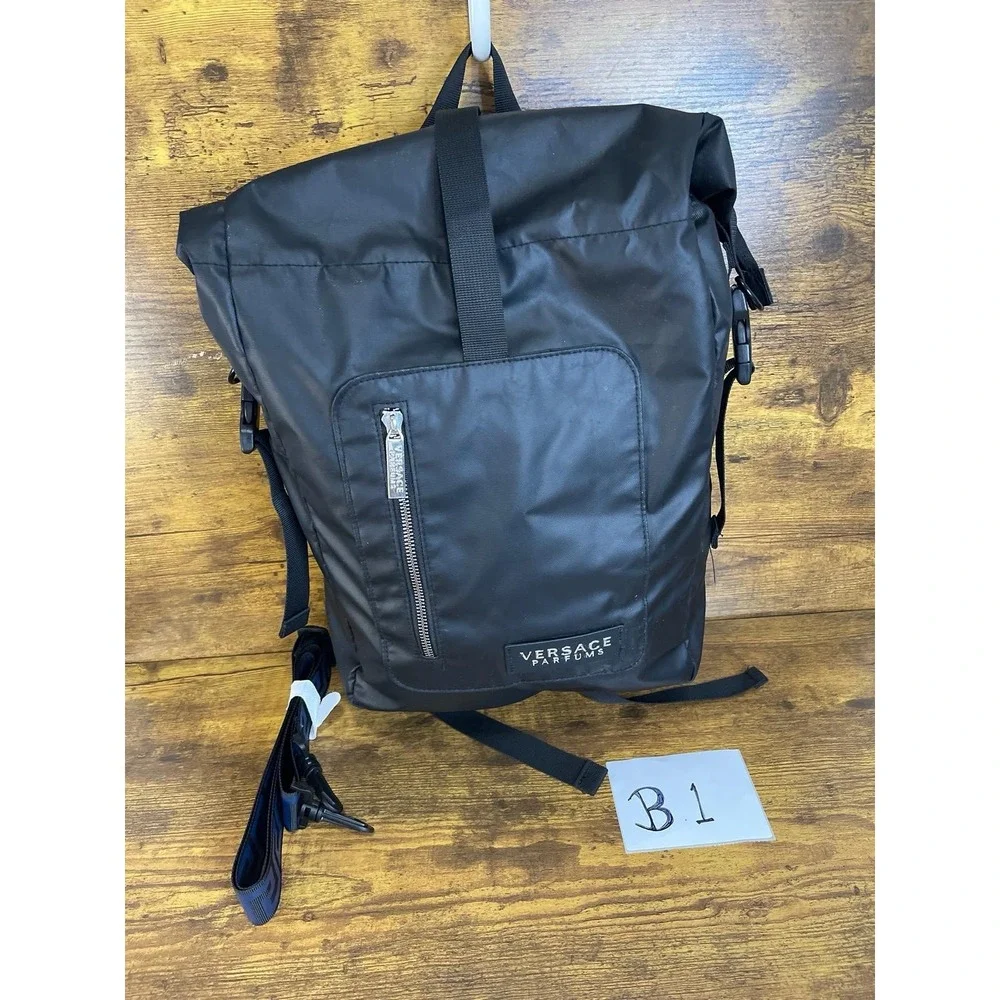 Versace Parfums Black‎ Blue Nylon Roll-Top Backpack Greek Key Straps Promotional